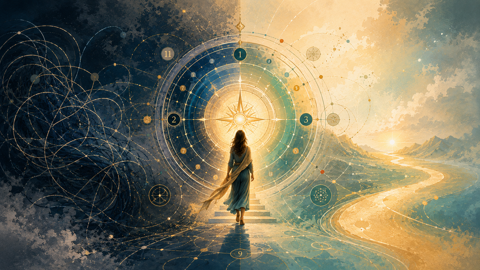 A woman walks from dark, tangled patterns into a glowing numerology-style portal and golden path, symbolizing a shift from confusion to clarity.
