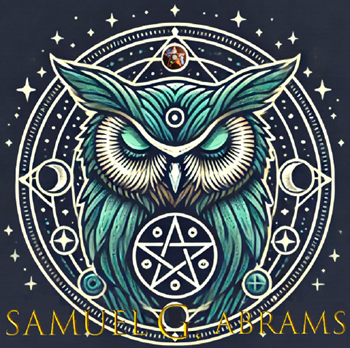 An owl with a circle of stars and a pentagram

Description automatically generated