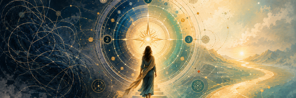 A woman walks from dark, tangled patterns into a glowing numerology-style portal and golden path, symbolizing a shift from confusion to clarity.
