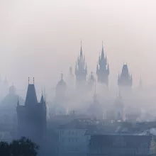 Ancient temple shrouded in mist