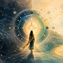 A woman walks from dark, tangled patterns into a glowing numerology-style portal and golden path, symbolizing a shift from confusion to clarity.