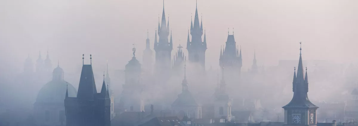 Ancient temple shrouded in mist