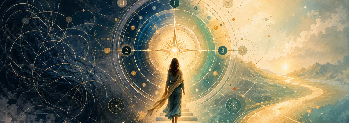 A woman walks from dark, tangled patterns into a glowing numerology-style portal and golden path, symbolizing a shift from confusion to clarity.